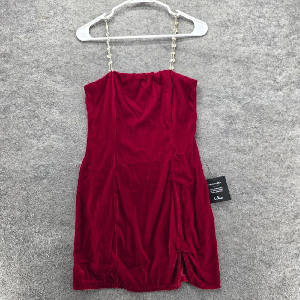 Lulus Dress Womens Small Red Velvet Rhinestone Chain Strap Bodycon Mini Slit